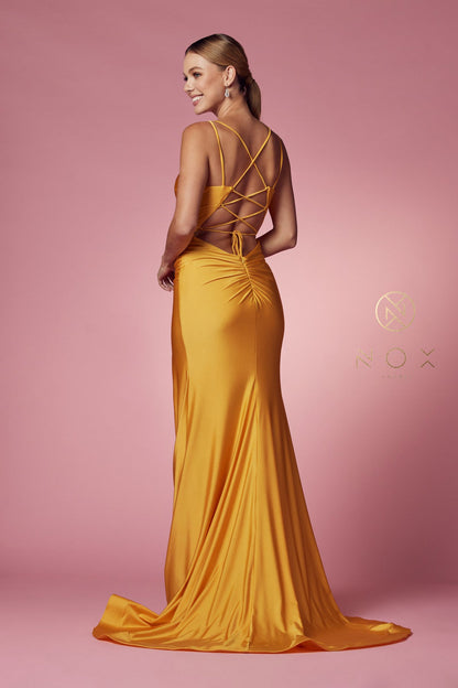 Nox Anabel T481 Long Fitted Jersey Prom Dress Backless Corset Slit Formal Gown Train Sleek and chic with a lightweight feel, this gorgeous scoop neck with spaghetti straps fitted gown by NOX ANNABEL is as cool as it is comfortable. Available Colors: Dusty Rose, Fuchsia, Lavender, Neon Orange, Black, Red, Sunflower, Iris
