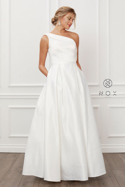 Nox Anabel E469  White Wedding Dress Formal Gown One Shoulder A line sizes 2, 8, 14