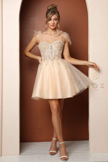 Nox Anabel F728 Short Cocktail Dress tulle bows on Shoulders Fit and Flare V Neckline
