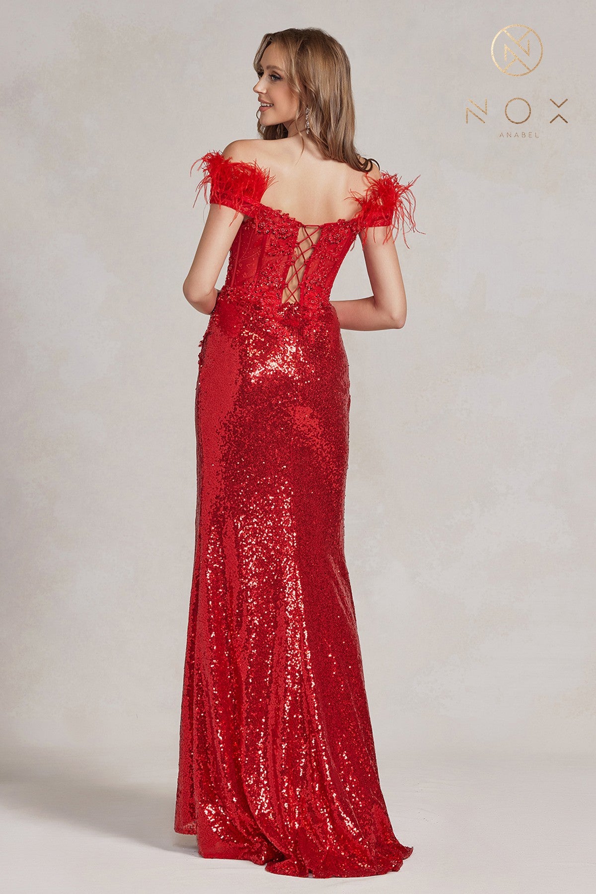 Nox Anabel S1229 Size 10 Red Long Sequin Maxi Slit Lace Sheer Corset off the Shoulder Feather Dress Prom