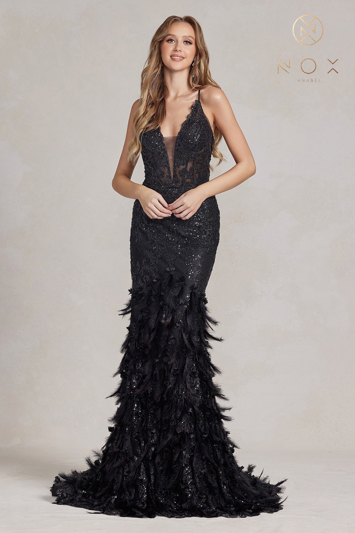 Nox Anabel C1111 Long Sheer Bodice with plunging neckline, Glitter 3D Lace embellished Feather Mermaid Skirt with train. Prom Dress Formal Evening Gown with corset back.  Sizes: 00-16  Colors: Black, Mauve, Light Blue