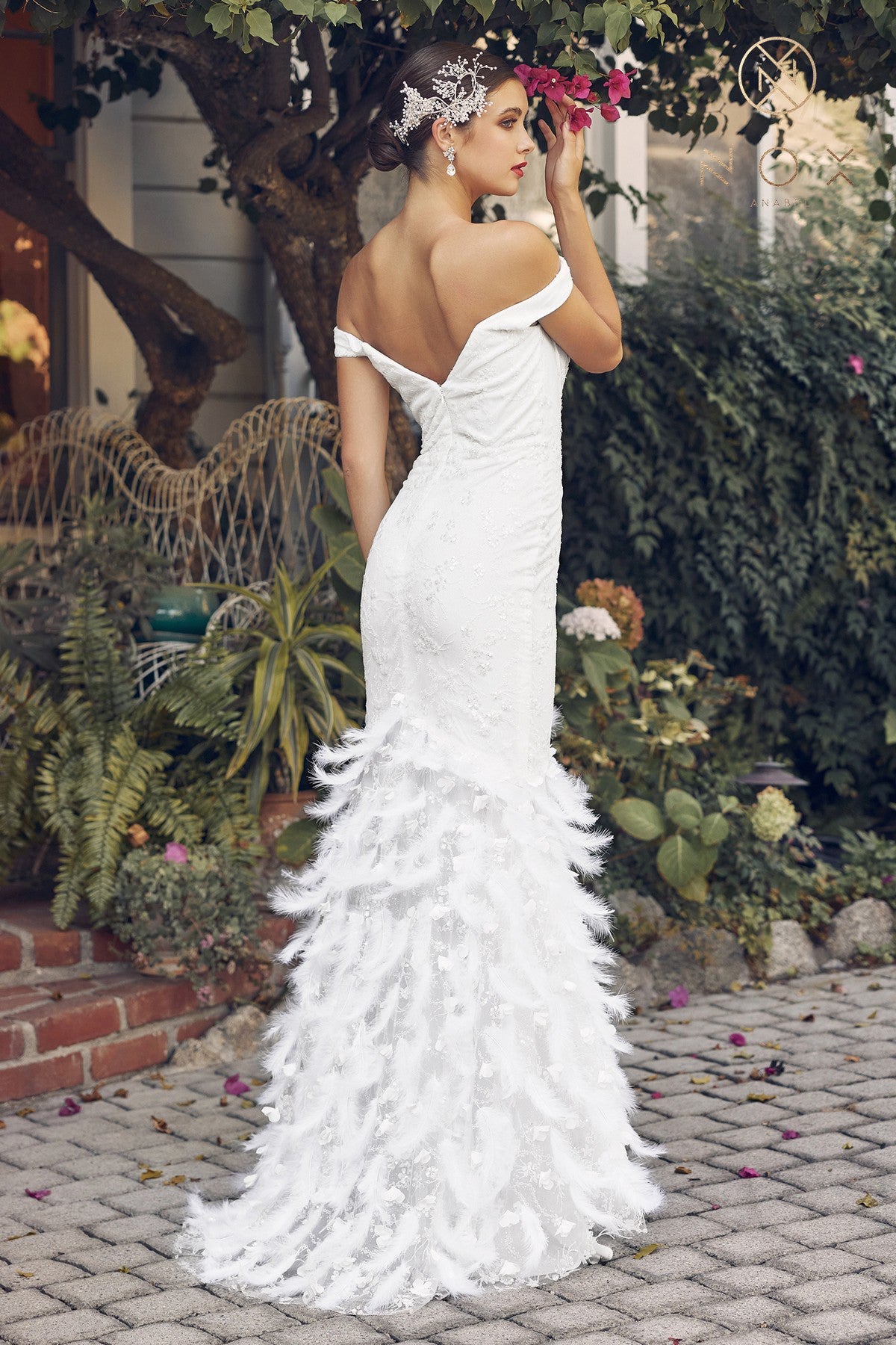 Nox Anabel C1106W Size 8 White Long Fitted Mermaid Feather Lace Weddin Glass Slipper Formals Nox Anabel C1106W Size 8 White Long Fitted Mermaid Feather Lace Weddin Glass Slipper Formals