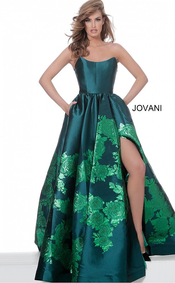 Jovani 02038 Floral Print Ballgown with Slit Evening Dress Prom Dress V Points Neckline  Floral print A-line prom gown, ruched at waist, high slit, floor length, sweeping train, strapless bodice, scoop neckline with V points.