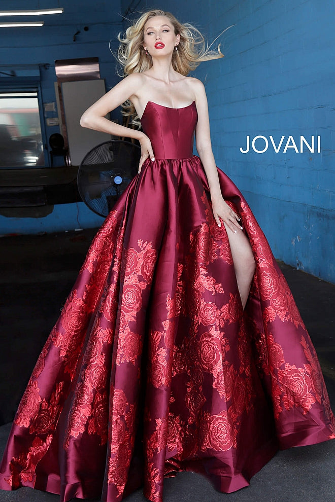 Jovani 02038 Floral Print Ballgown with Slit Evening Dress Prom Dress V Points Neckline  Floral print A-line prom gown, ruched at waist, high slit, floor length, sweeping train, strapless bodice, scoop neckline with V points.