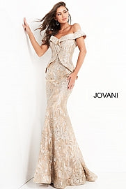 Jovani 02762 Gold Embellished Off the Shoulder Mother of the Bride Dress Peplum