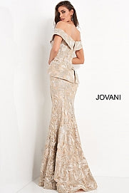 Jovani 02762 Gold Embellished Off the Shoulder Mother of the Bride Dress Peplum