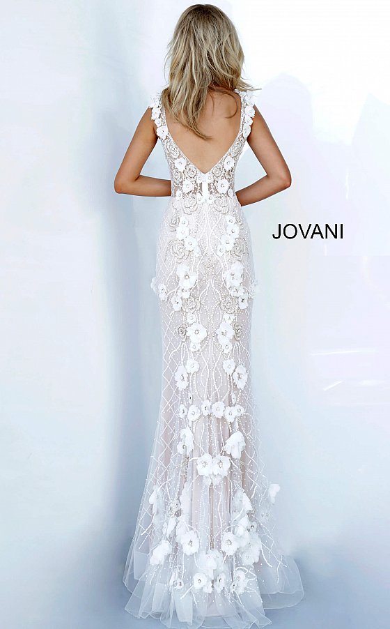 Jovani 02773 Long Fitted Floral Applique Evening Gown Wedding Dress V Neck