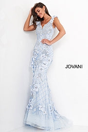Jovani 02773 is a Stunning 3D floral applique beaded lace evening dress with a sleeveless bodice and plunging mesh insert neckline, v-shaped sheer back with zipper. Floor-length form-fitting skirt with a sheer tulle layer