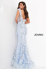 Jovani 02773 is a Stunning 3D floral applique beaded lace evening dress with a sleeveless bodice and plunging mesh insert neckline, v-shaped sheer back with zipper. Floor-length form-fitting skirt with a sheer tulle layer