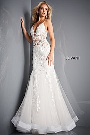 Jovani 02841 This gorgeous formal prom and evening dress has V-neckline, thin straps and a slightly low back with a zipper to give the perfect fit.  It has floral lace throughout and tulle godets in the fit and flare skirt. 