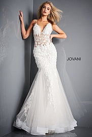 Jovani 02841 This gorgeous formal prom and evening dress has V-neckline, thin straps and a slightly low back with a zipper to give the perfect fit.  It has floral lace throughout and tulle godets in the fit and flare skirt. 