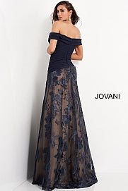 Jovani 02852 Floor length A line navy mother of the bride dress features embroidered skirt and off the shoulder pleated bodice with asymmetric drop waist.  Formal Evening gown.