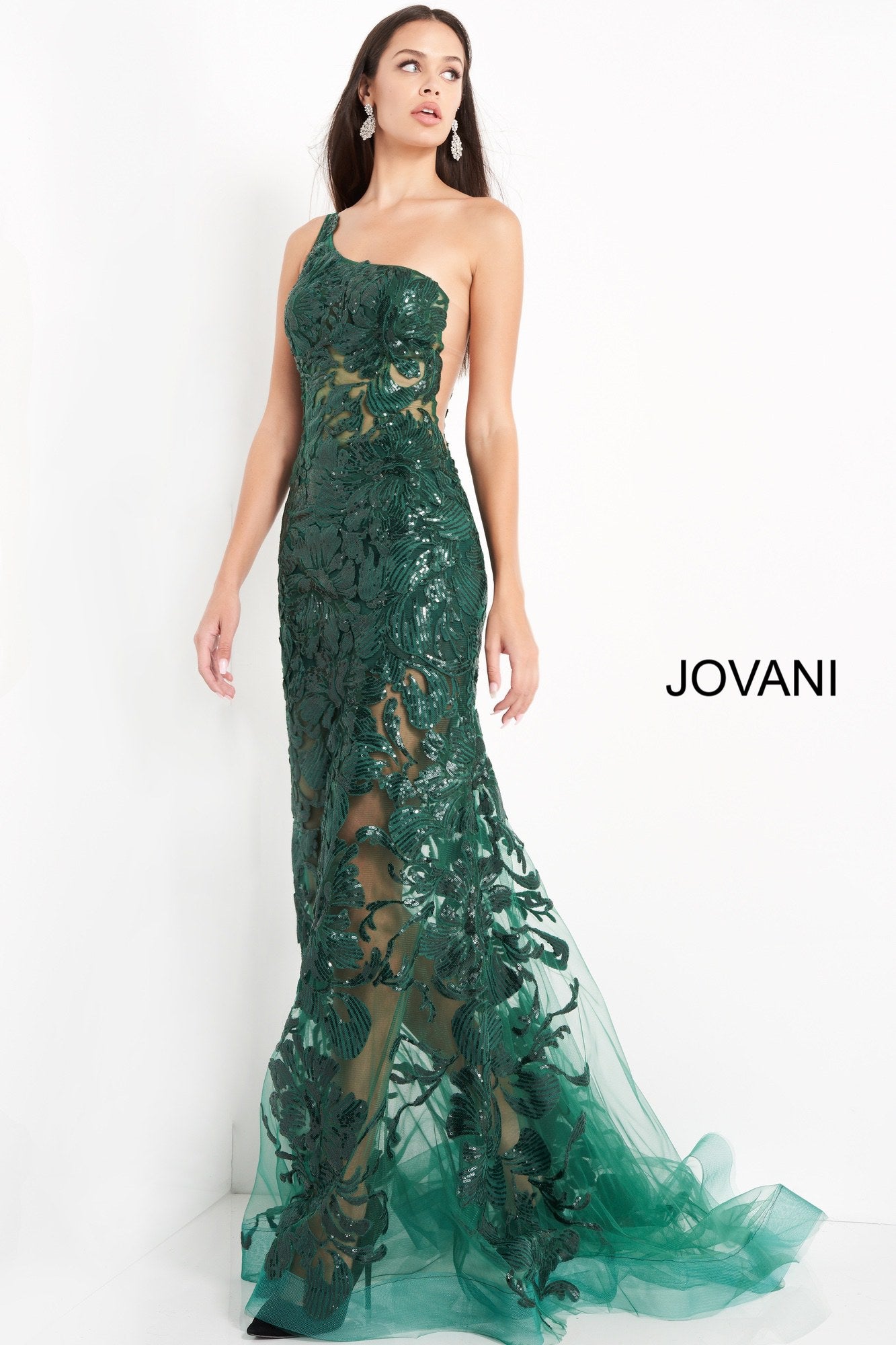Jovani 02895 is a long fitted one shoulder formal evening gown. Featuring a sheer fitted bodice and skirt. Sequin embellished lace appliques. Mermaid silhouette. sheer side panels with mesh insert. sweeping train with horse hair trim. Great Prom & Pageant Dress.  Available Sizes: 00,0,2,4,6,8,10,12,14,16,18,20,22,24  Available Colors: black, forest, light-blue, red, rose/gold, royal, w