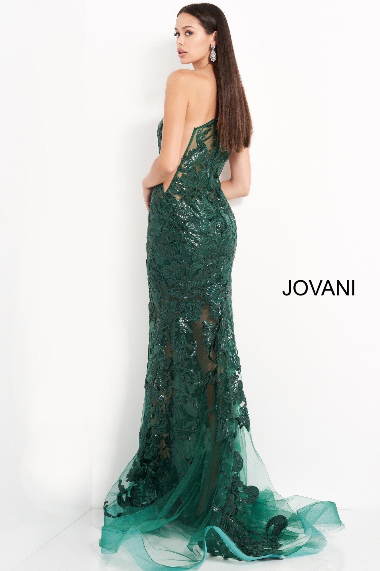 Jovani 02895 is a long fitted one shoulder formal evening gown. Featuring a sheer fitted bodice and skirt. Sequin embellished lace appliques. Mermaid silhouette. sheer side panels with mesh insert. sweeping train with horse hair trim. Great Prom & Pageant Dress.  Available Sizes: 00,0,2,4,6,8,10,12,14,16,18,20,22,24  Available Colors: black, forest, light-blue, red, rose/gold, royal, w