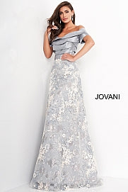 Jovani 02921  Grey Multi A Line Short Sleeve Mother of the Bride Dress, tiered satin bodice with lace and embroidered long skirt.  Formal Evening Wear Gown, Mother of the Bride Dress, Mother of the Groom Dress, Formal Wedding Guest Dress.