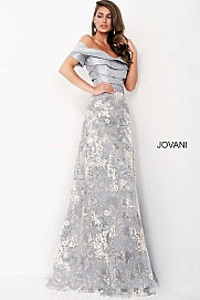Jovani 02921  Grey Multi A Line Short Sleeve Mother of the Bride Dress, tiered satin bodice with lace and embroidered long skirt.  Formal Evening Wear Gown, Mother of the Bride Dress, Mother of the Groom Dress, Formal Wedding Guest Dress.
