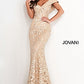 Jovani 02923 Gold Embellished Lace Fitted Evening Dress Off the Shoulder