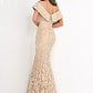 Jovani 02923 Floor length form fitting sequin embellished gold lace evening dress features off the shoulder bodice with fold over V neck and back zipper. The long column skirt has a small brush train.  Formal Evening Wear Gown, Mother of the Bride or Groom Dress.