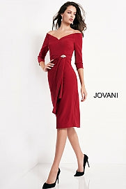 Jovani 02949 Knee length form fitting burgundy crepe evening dress features three quarter sleeve bodice with pleated tie front with brooch and off the shoulder neck.  Ruching and broach at the waistline and small slit in back. Formal Evening Cocktail Wear Dress, Wedding Guest Dress.