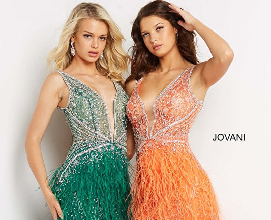 Jovani 04042 Size 2 Orange Short Sheer Beaded Feather Cocktail Dress Backless prom homecoming