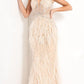 Jovani 03023 is a Long Feather Prom Dress, Pageant Gown, Wedding Dress & Formal Evening wear. This Sheer embellished bodice features a plunging v neckline with beading & crystal accents cascading through a feather embellished skirt. Very stunning and unique wedding dress! 