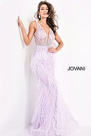 Jovani 03023 is a Long Feather Prom Dress, Pageant Gown, Wedding Dress & Formal Evening Wear Gown.  The Sheer embellished bodice features a plunging v neckline with beading & crystal accents cascading through a feather embellished skirt. Very stunning and unique wedding dress! 