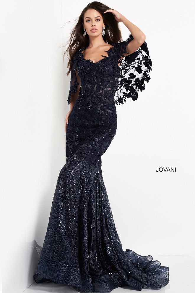 Jovani 03158 Mother of the bride dress navy lace cape