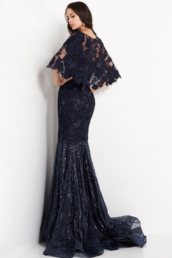 Jovani 03158 Back view Mother of the bride evening dress navy lace cape