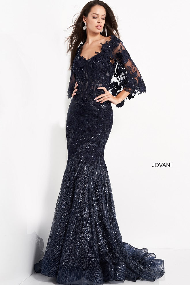 Jovani 03158 Navy Mother of the bride dress cape side view