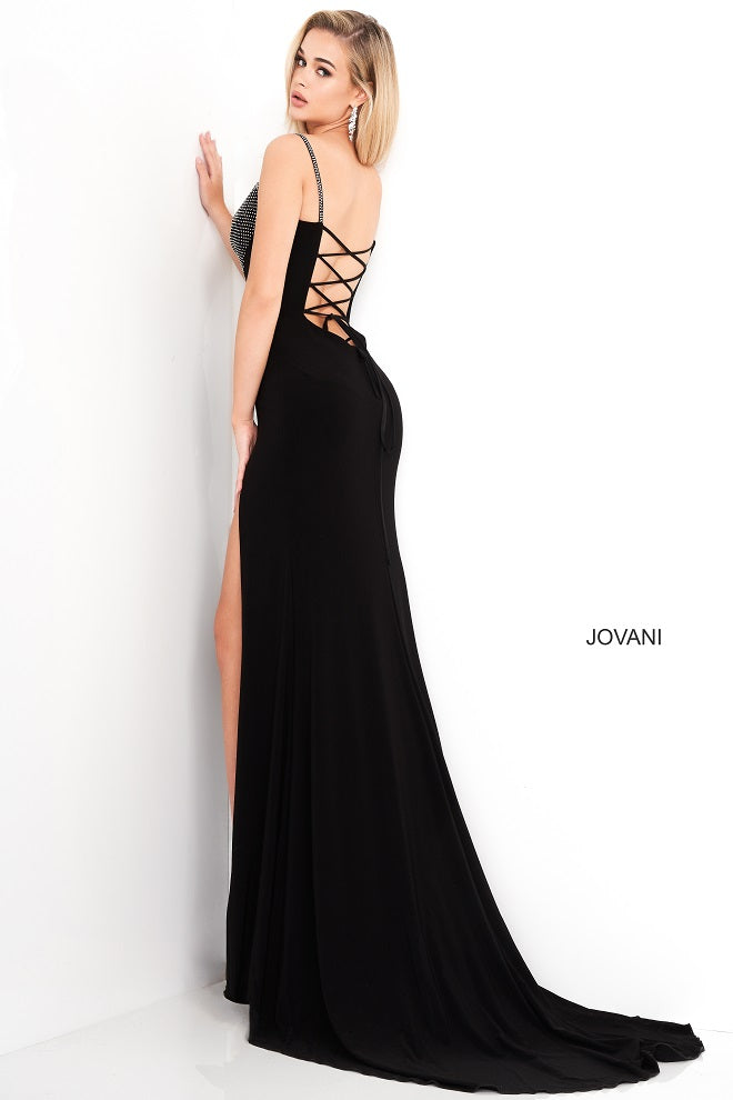 Jovani 03251 Black velvet evening dress back view tie back train backless