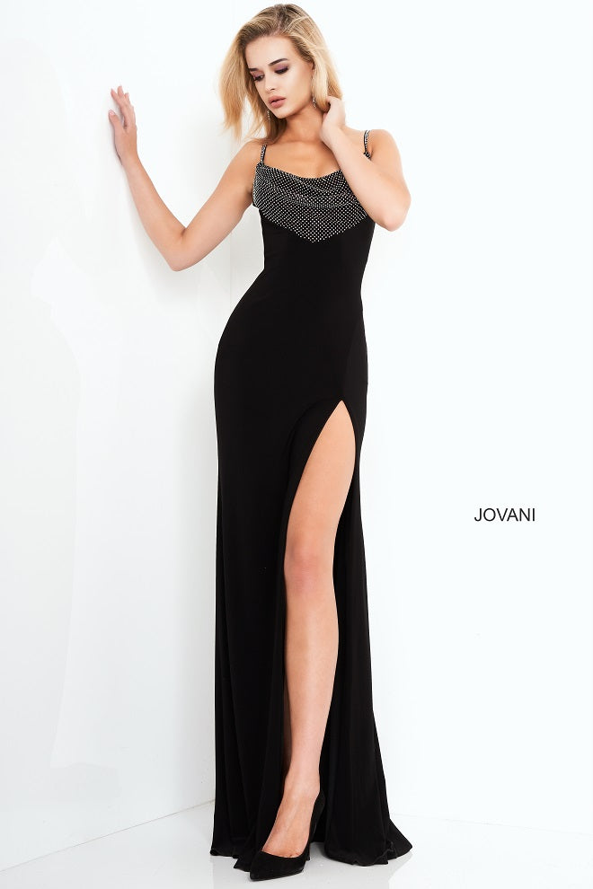 Jovani 03251 black velvet evening gown front view cowl neckline high slit