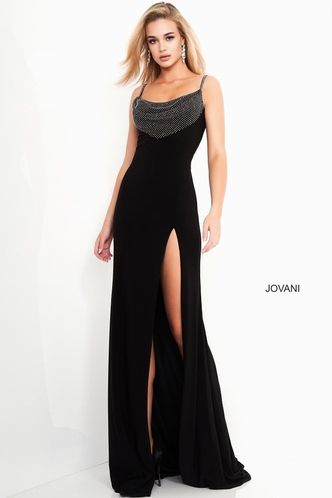 Jovani 03251 black velvet evening gown front view cowl side view high slit