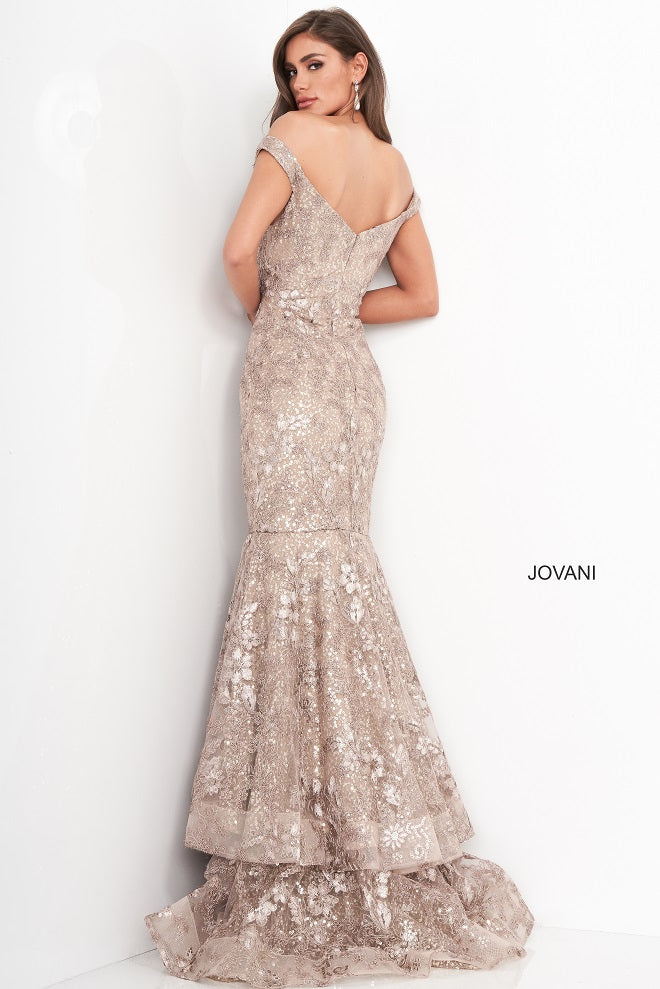 Jovani 03264 Lace Evening Gown Back View Off the Shoulder