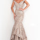 Jovani 03264 Long mermaid lace mother of the bride dress front view taupe