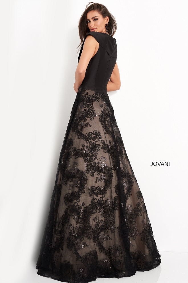 Jovani 03330 Black Lace Evening Gown Back View Long Covered Back