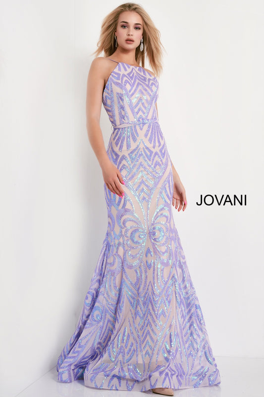 Jovani 03446 This is a long fit and flare prom dress with a high neckline and backless design.  It has a beaded sequins pattern throughout.  Lilac  Size 12