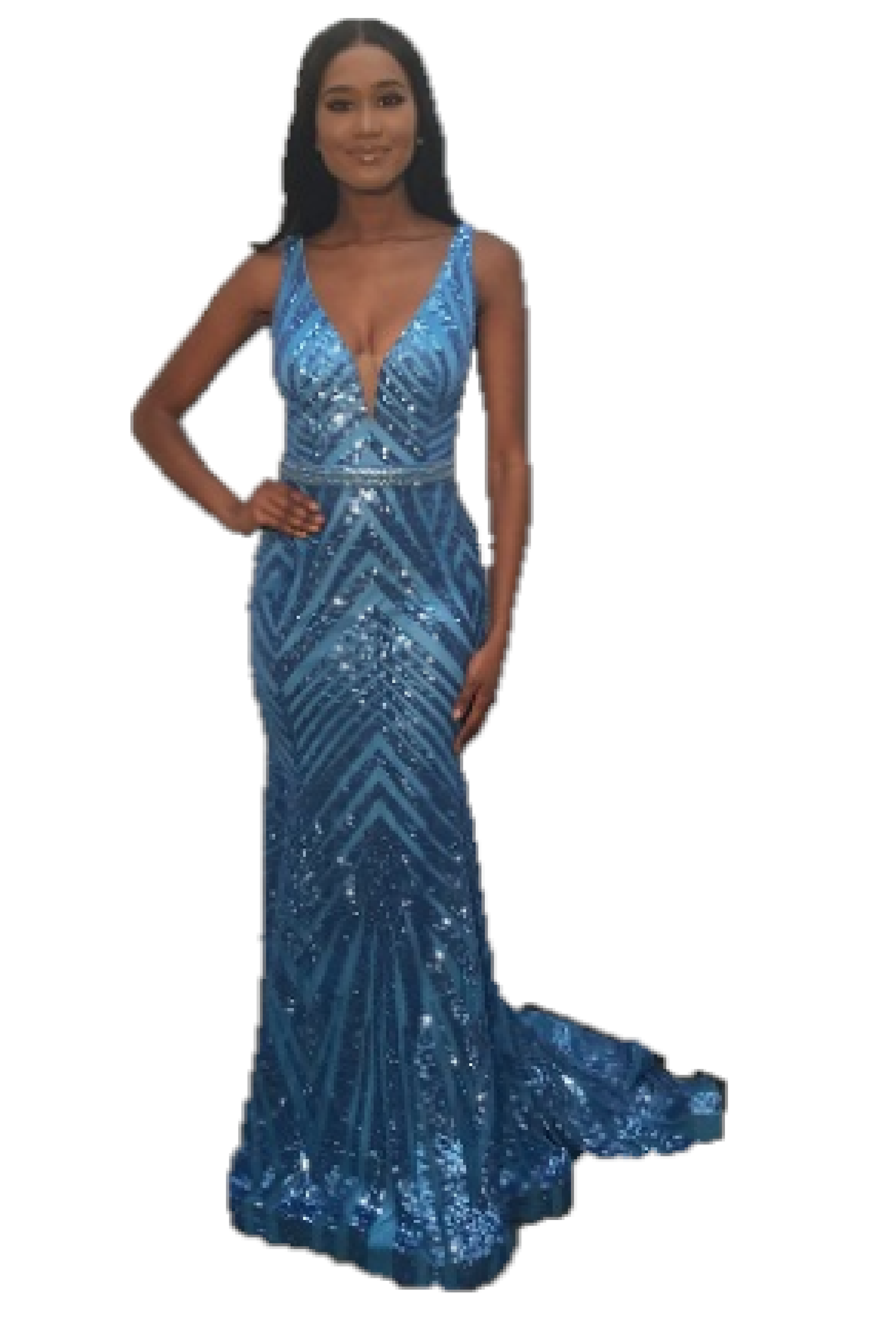 Jovani 03570 is a Long fitted formal evening gown. Featuring a fully Embellished geometric sequin pattern. Plunging deep V Neckline and open V back. This Backless Pageant Gown Features a mermaid silhouette with a lush trumpet skirt & Sweeping train. Sheer side panels with mesh insert. Crystal Rhinestone embellished waist belt. Available Sizes: 00,0,2,4,6,8,10,12,14,16,18,20,22,24  Available Colors: black/nude, light-blue, red, rose/gold, yellow