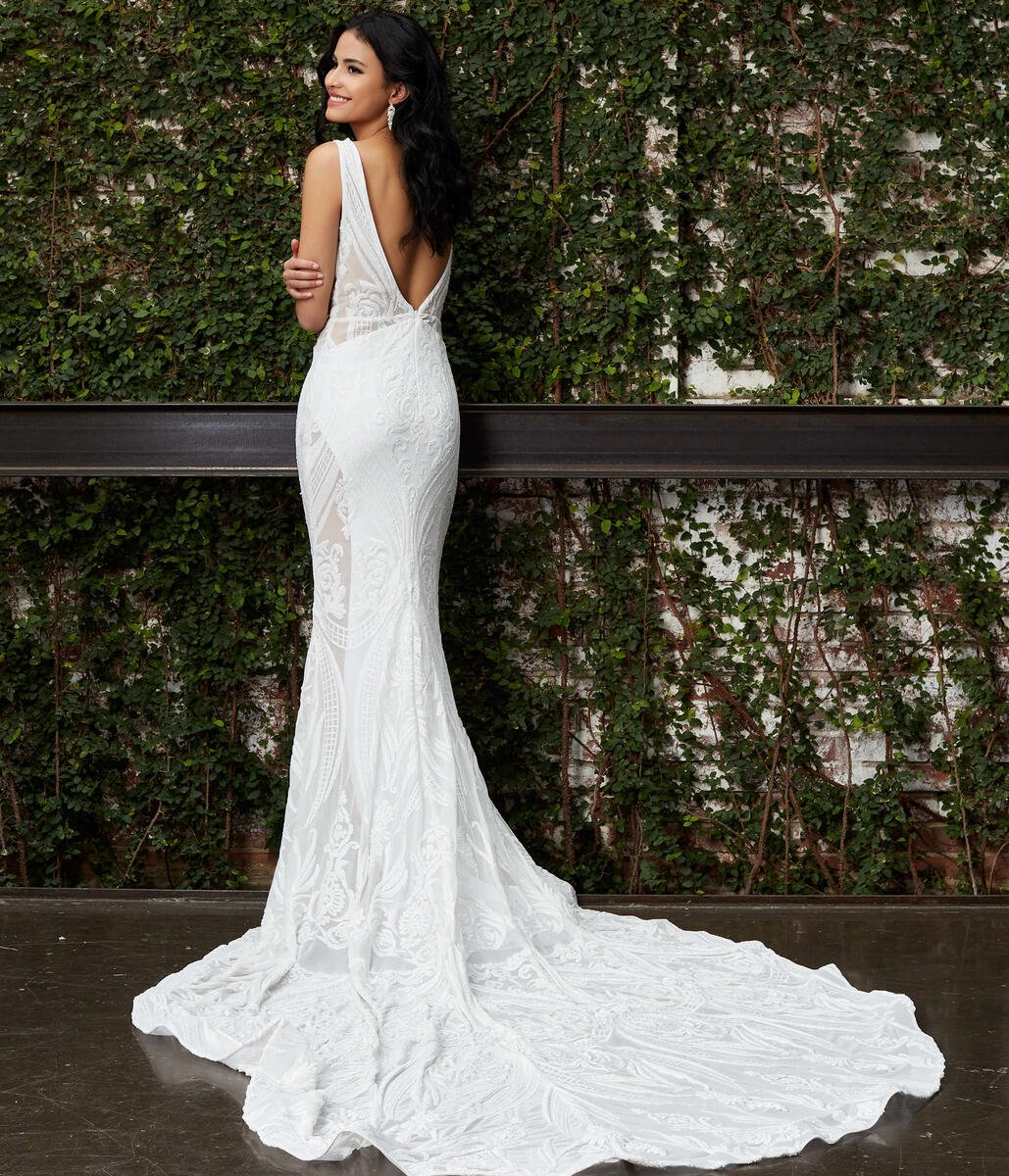 Jovani Bridal JB03871 Long Sheer V Neck Wedding Dress Sheer Embellished Gown  Available Sizes: 00-24  Available Colors: White