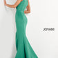 Jovani 04222 This long Jovani evening gown has a double one shoulder strap with a cutout.  This prom and pageant dress has full ruching down the front of the gown giving away to a side slit and long train.   Colors   Black, Green, Light Blue, Navy, Tomato, Wine  Sizes:  00-24 