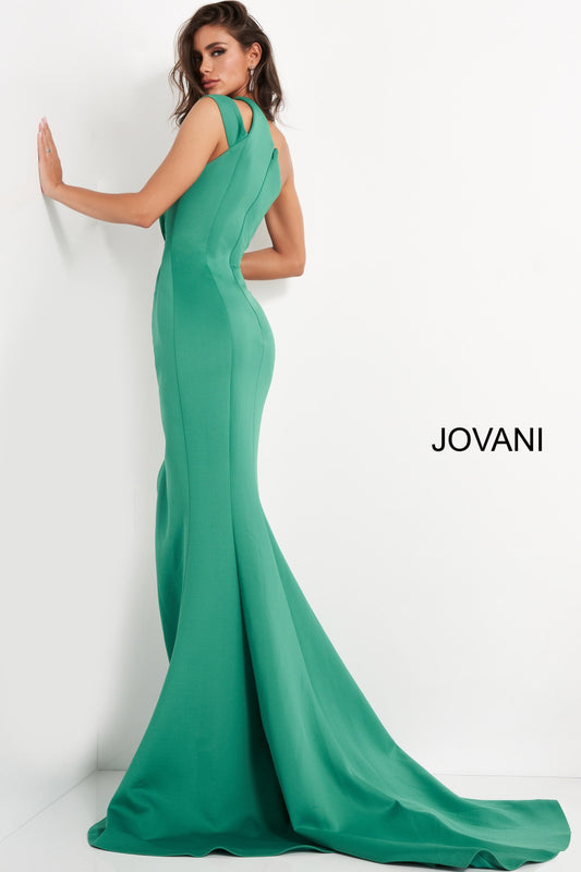 Jovani 04222 This long Jovani evening gown has a double one shoulder strap with a cutout.  This prom and pageant dress has full ruching down the front of the gown giving away to a side slit and long train.   Colors   Black, Green, Light Blue, Navy, Tomato, Wine  Sizes:  00-24 