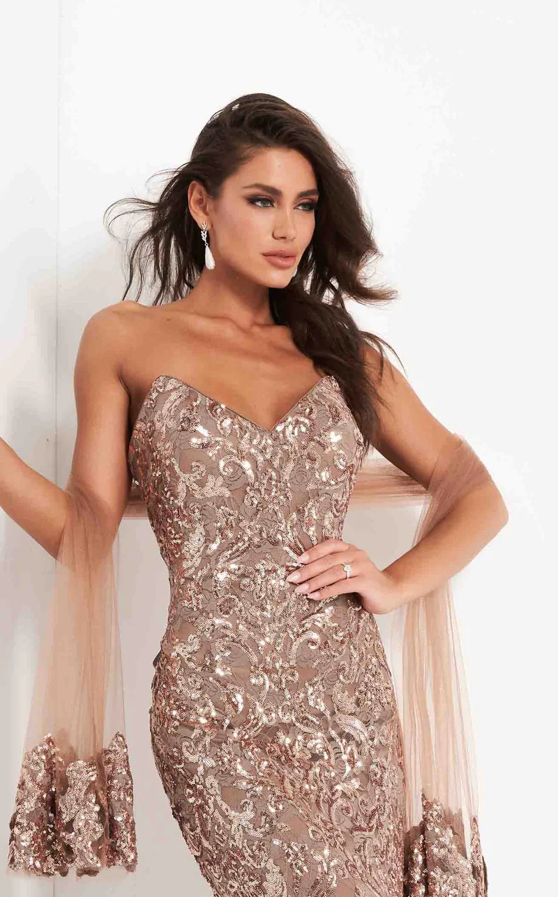 Jovani 05054 Long Strapless Sequins Formal Evening Gown Pageant Shaw Pageant Mother Of Floor length form fitting copper sequin embellished Jovani mother of the bride dress 05054 with matching shawl features strapless bodice with V neck.  Sizes: 00-24  Colors: Copper, Navy