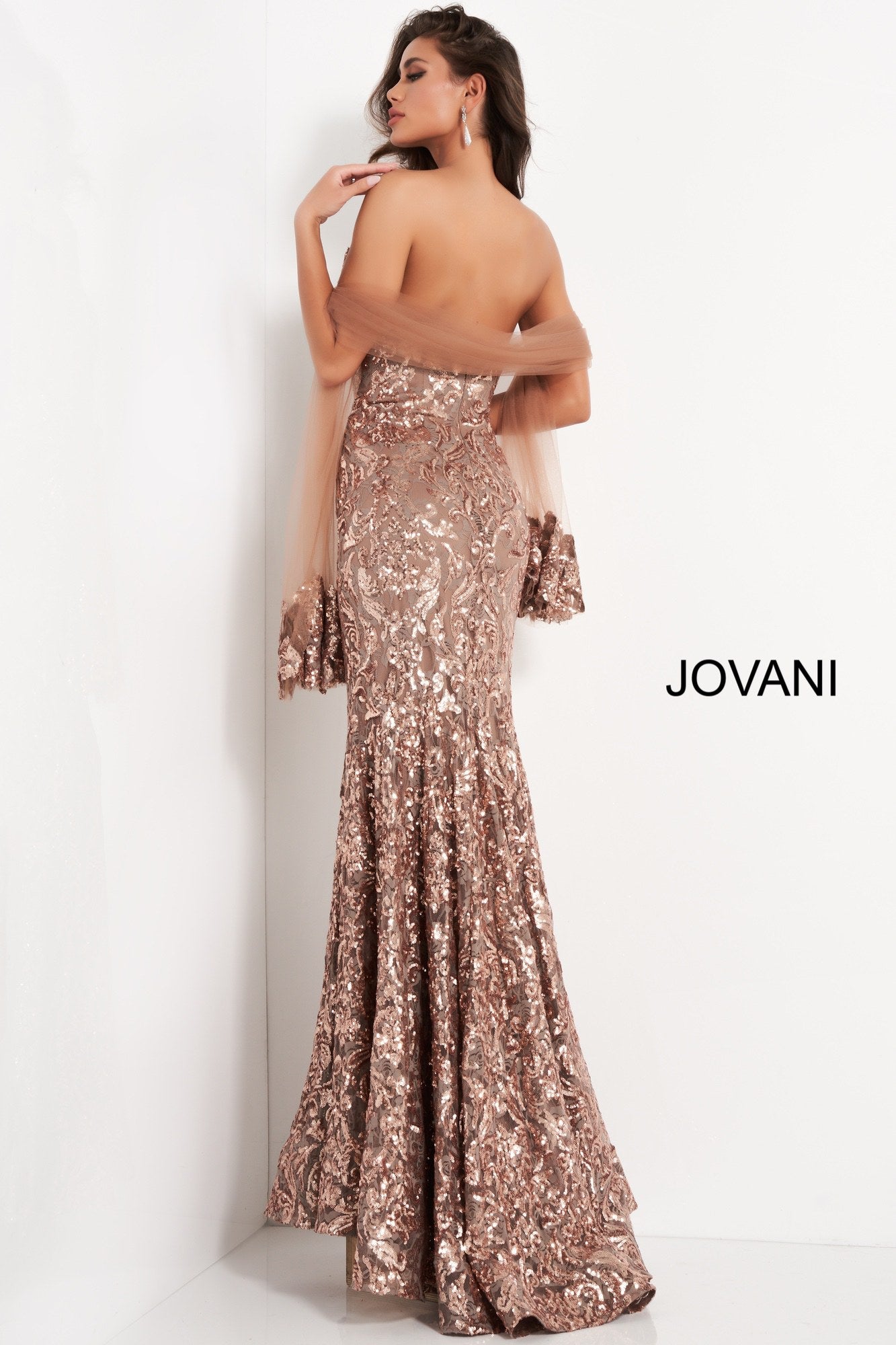 Jovani 05054 Long Strapless Sequins Formal Evening Gown Pageant Shaw Pageant Mother Of Floor length form fitting copper sequin embellished Jovani mother of the bride dress 05054 with matching shawl features strapless bodice with V neck.  Sizes: 00-24  Colors: Copper, Navy