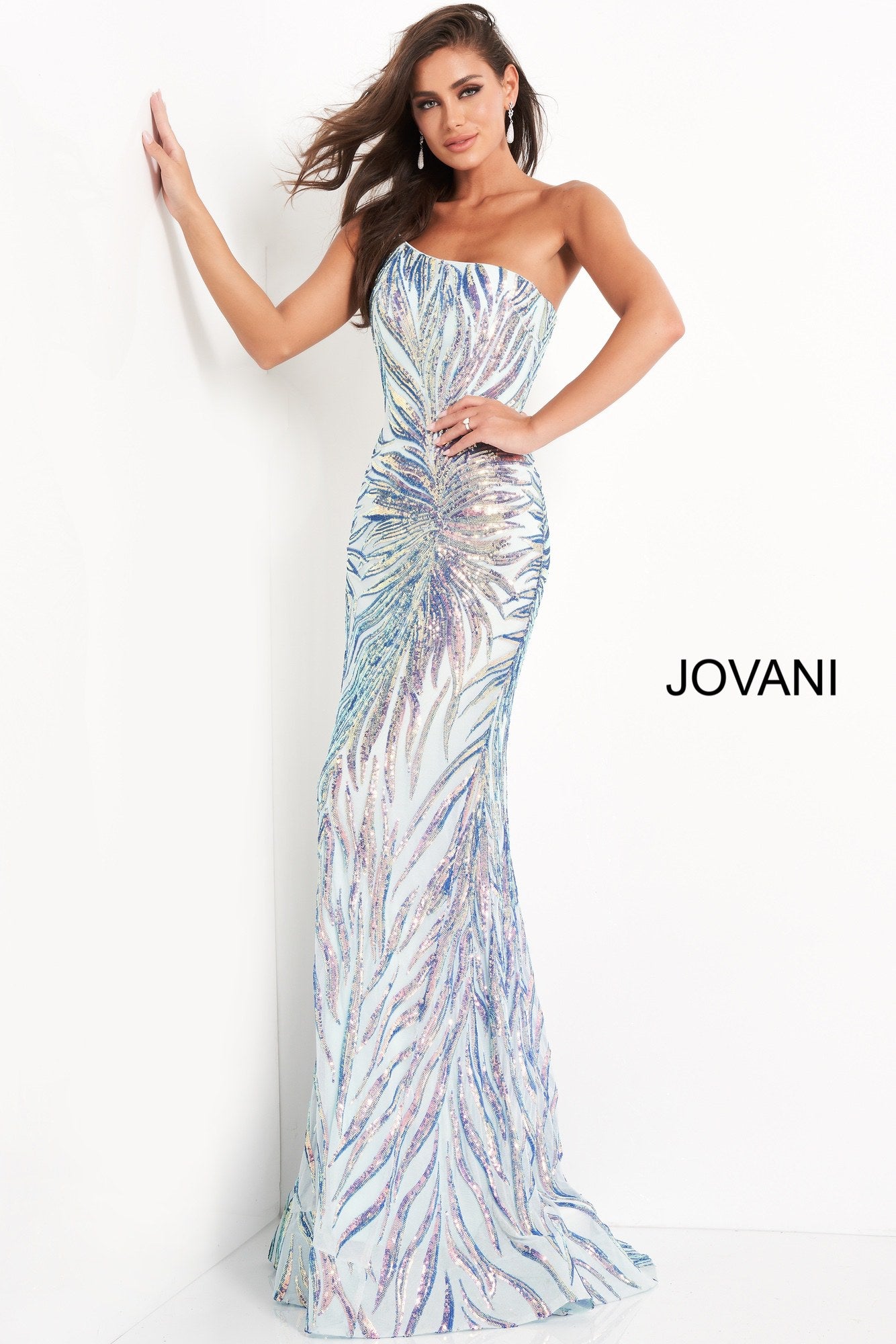 Jovani 05664 Long Sequin Prom Dress Pageant Gown One Shoulder Strap