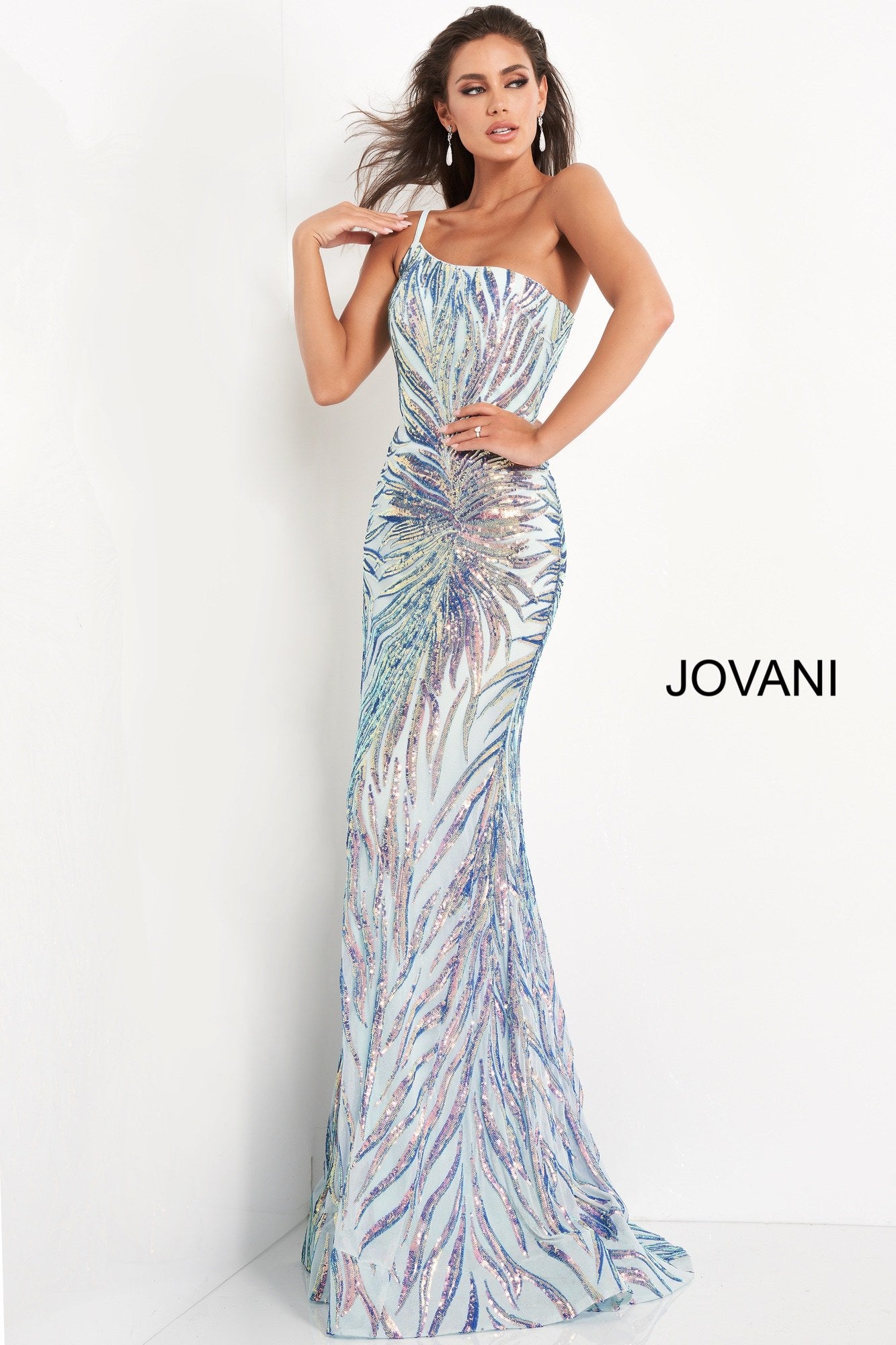 Jovani 05664 is a long fitted formal evening gown. This one shoulder Prom Dress has a Fit & Flare silhouette. Featuring Embellished Sequin Asymmetrical  Starburst patterns that accentuate any figure! Lush sweeping train is perfect for Pageant Presence on stage!  Available Sizes: 00,0,2,4,6,8,10,12,14,16,18,20,22,24  Available Colors: Mint/Multi