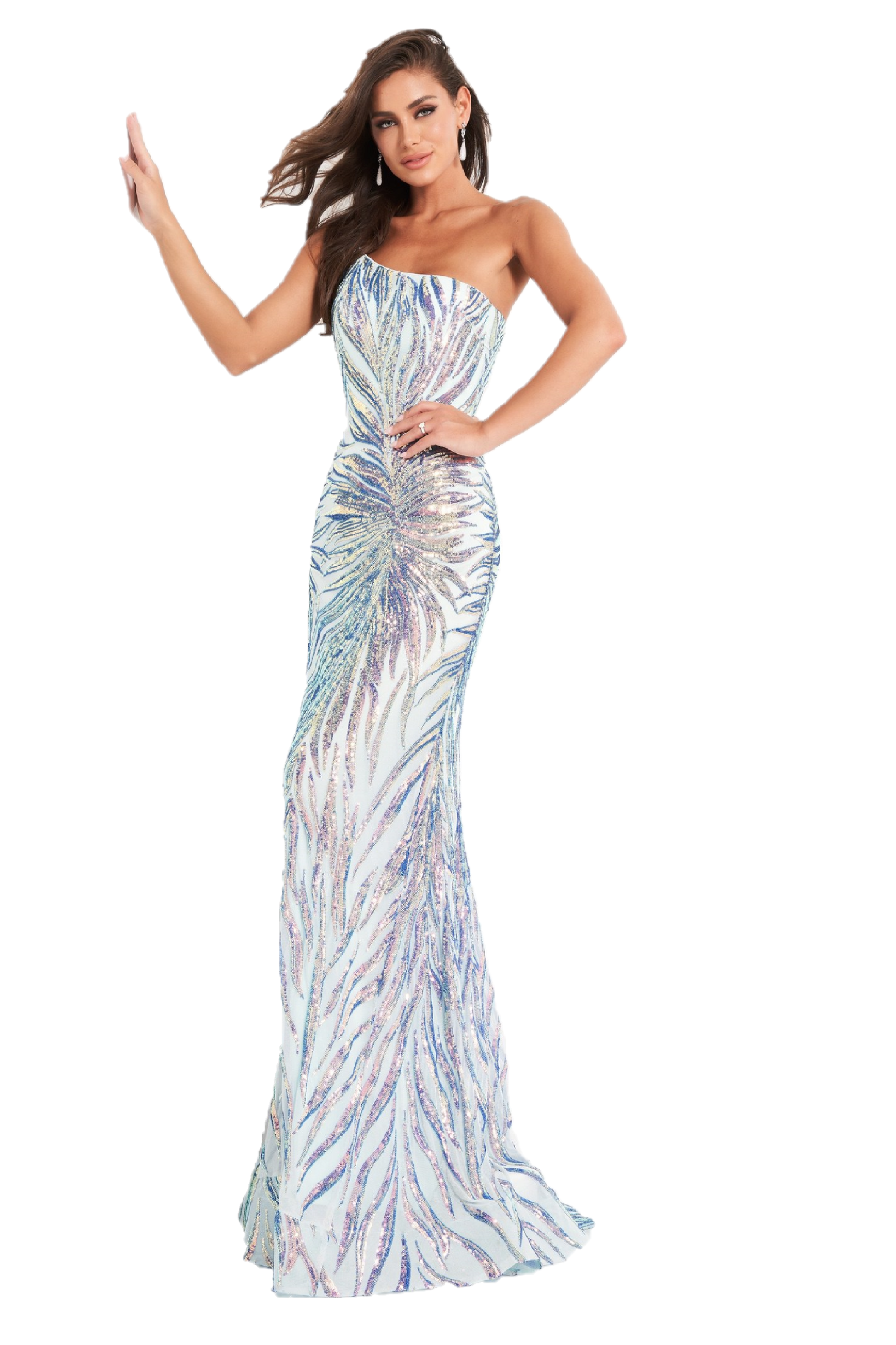 Jovani 05664 is a long fitted formal evening gown. This one shoulder Prom Dress has a Fit & Flare silhouette. Featuring Embellished Sequin Asymmetrical  Starburst patterns that accentuate any figure! Lush sweeping train is perfect for Pageant Presence on stage!   Available Sizes: 00,0,2,4,6,8,10,12,14,16,18,20,22,24  Available Colors: Mint/Multi
