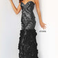 Jovani 05667 This is a long prom dress with feather details on the bottom of the skirt.  This pageant gown has a sweetheart neckline and is strapless.  Perfect evening gown for a Red Carpet event. Black