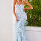 Jovani 05667 This is a long prom dress with feather details on the bottom of the skirt.  This pageant gown has a sweetheart neckline and is strapless.  Perfect evening gown for a Red Carpet event. Light Blue