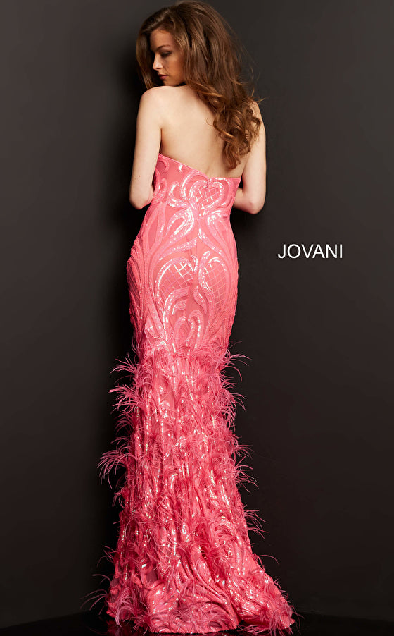 Jovani 05667 This is a long prom dress with feather details on the bottom of the skirt.  This pageant gown has a sweetheart neckline and is strapless.  Perfect evening gown for a Red Carpet event. Fuchsia Back