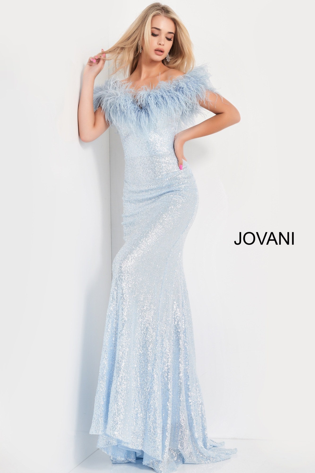 Jovani 06166 is a Long Fitted Sequin Formal Evening Gown. Featuring a Lush Feather Accented sweetheart neckline & off the shoulder straps. This Fit & Flare Pageant & Prom Dress has a stunning sequin sweeping train. Great for any Formal Event! Available Sizes: 00,0,2,4,6,8,10,12,14,16,18,20,22,24  Available Colors: blue, ice pink, ivory, red
