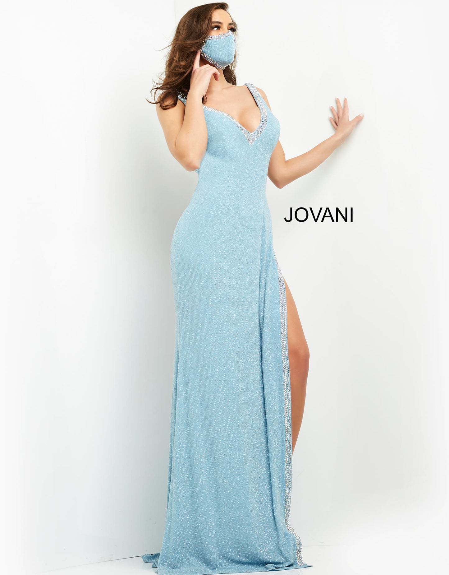 Jovani 06276 Glitter V neckline fitted prom dress with high side slit evening gown